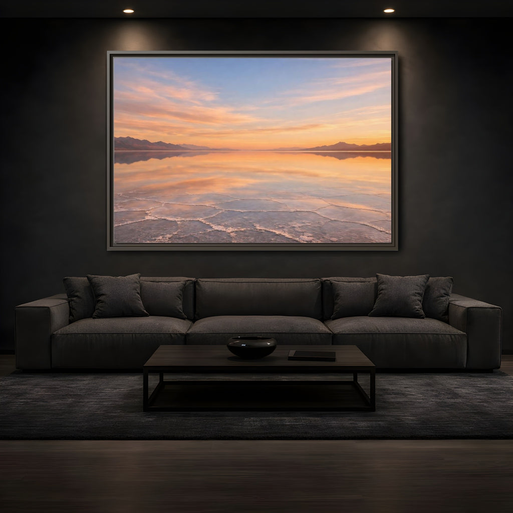 Mockup 3. Nature Salt Flats Orange Blue Landscape shown as stretched canvas wall art