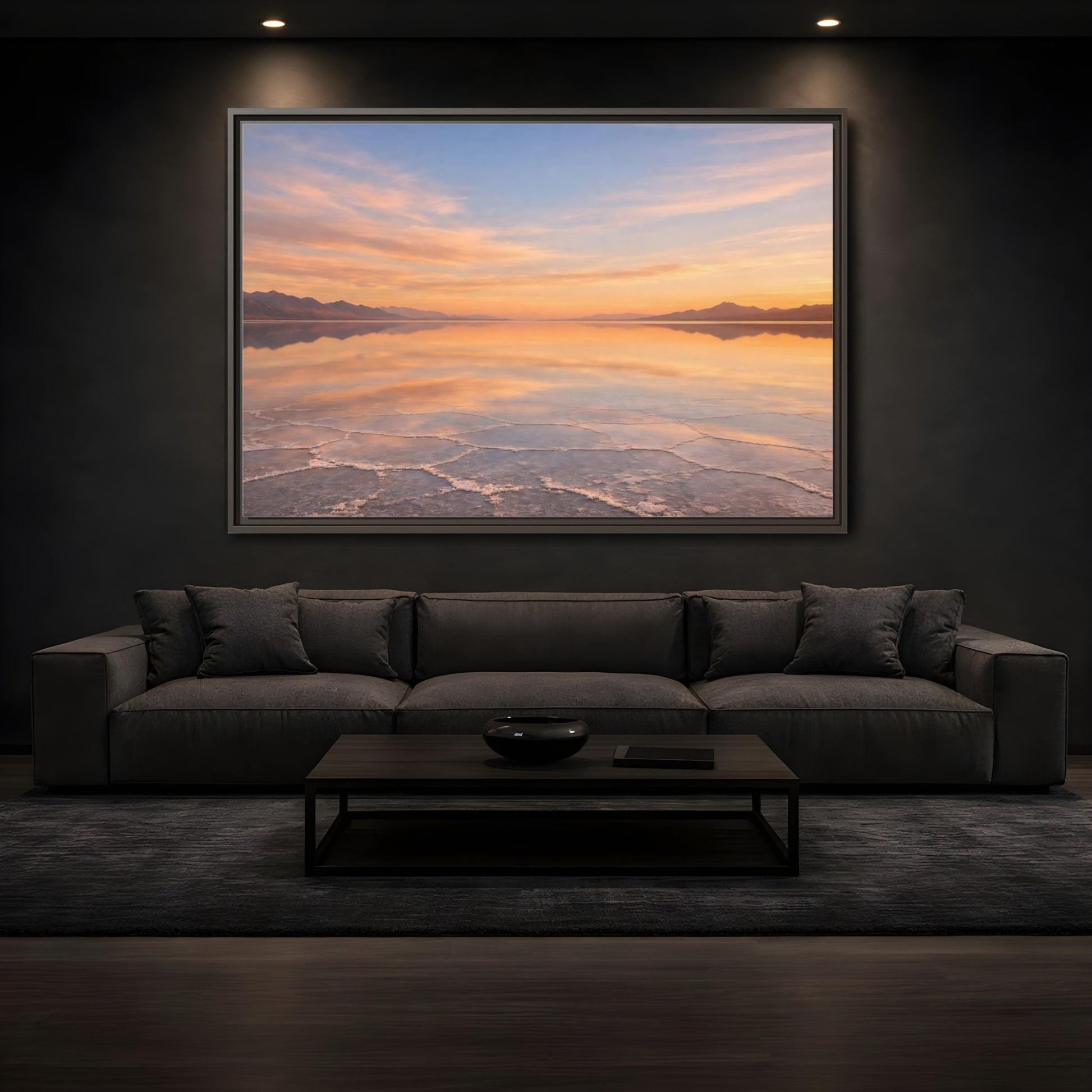 Mockup 3. Nature Salt Flats Orange Blue Landscape shown as stretched canvas wall art