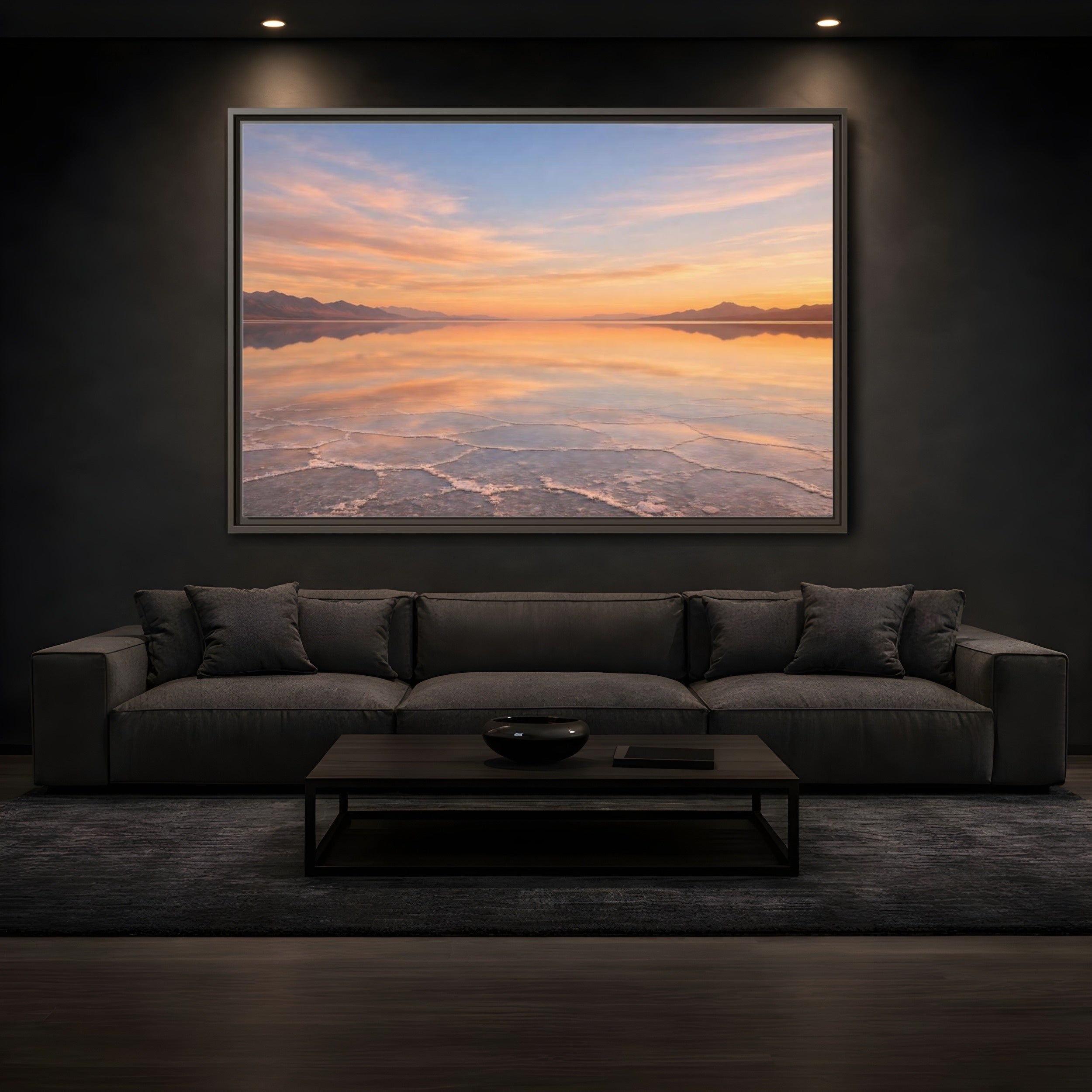Mockup 3. Nature Salt Flats Orange Blue Landscape shown as stretched canvas wall art
