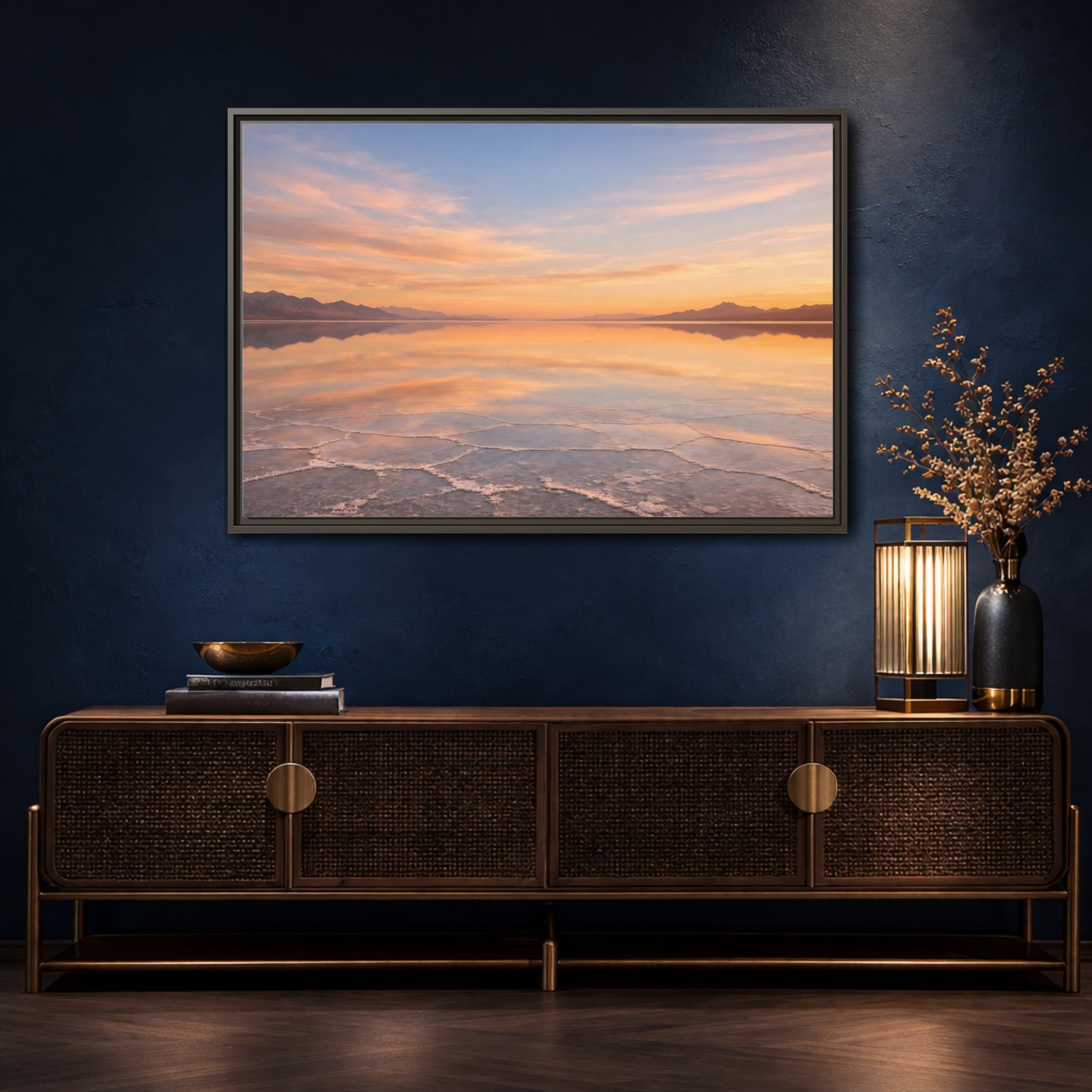 Mockup 4. Nature Salt Flats Orange Blue Landscape shown as stretched canvas wall art