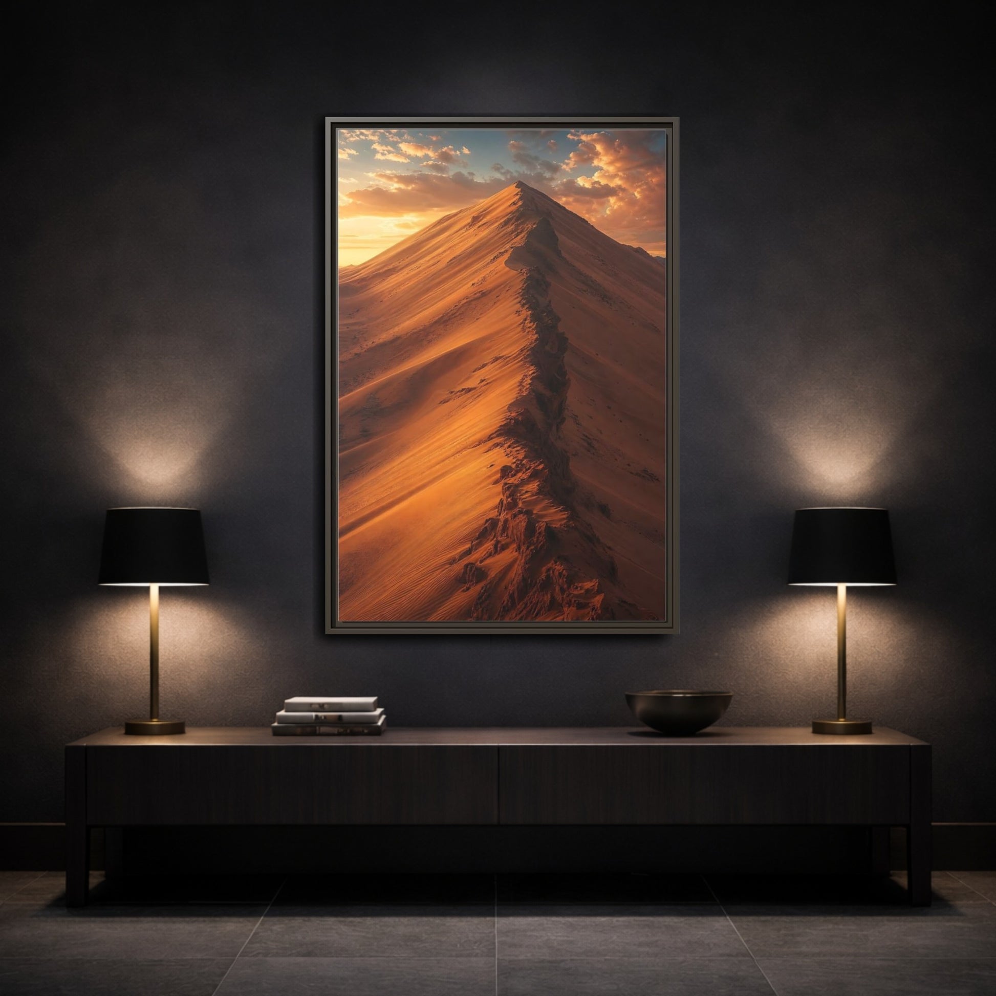 Nature Sand Dune Golden Framed Canvas Wall Art - Living Room Decor, Above Couch shown as canvas wall art