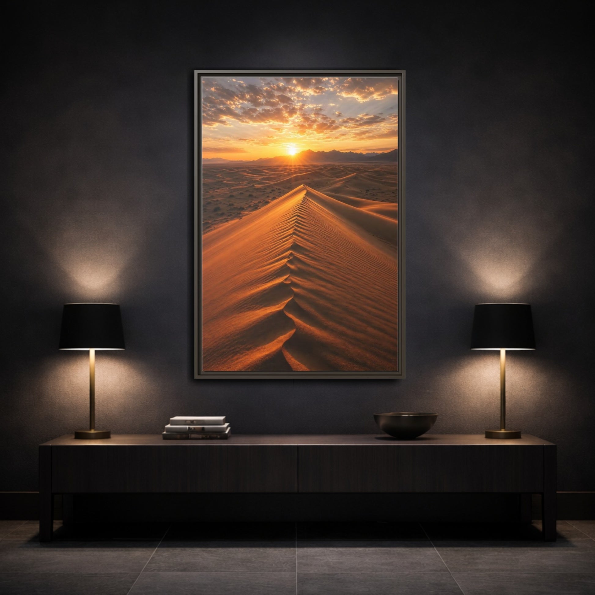 Mockup 3. Nature Sand Dunes Desert Sunset Orange shown as stretched canvas wall art
