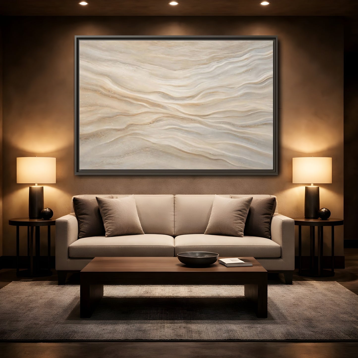 Mockup 2. Nature Sand Waves Beige Sand Waves shown as stretched canvas wall art