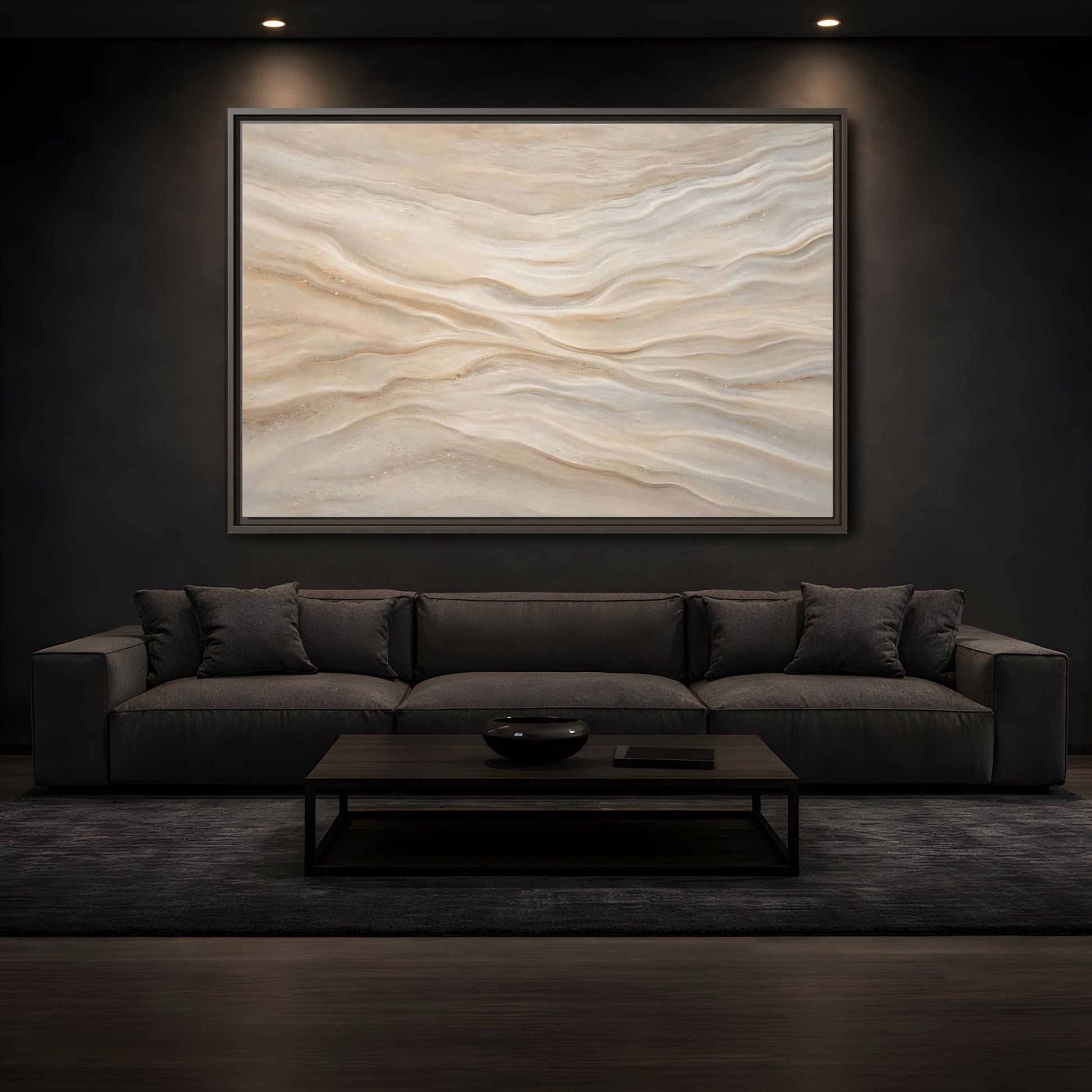 Mockup 3. Nature Sand Waves Beige Sand Waves shown as stretched canvas wall art