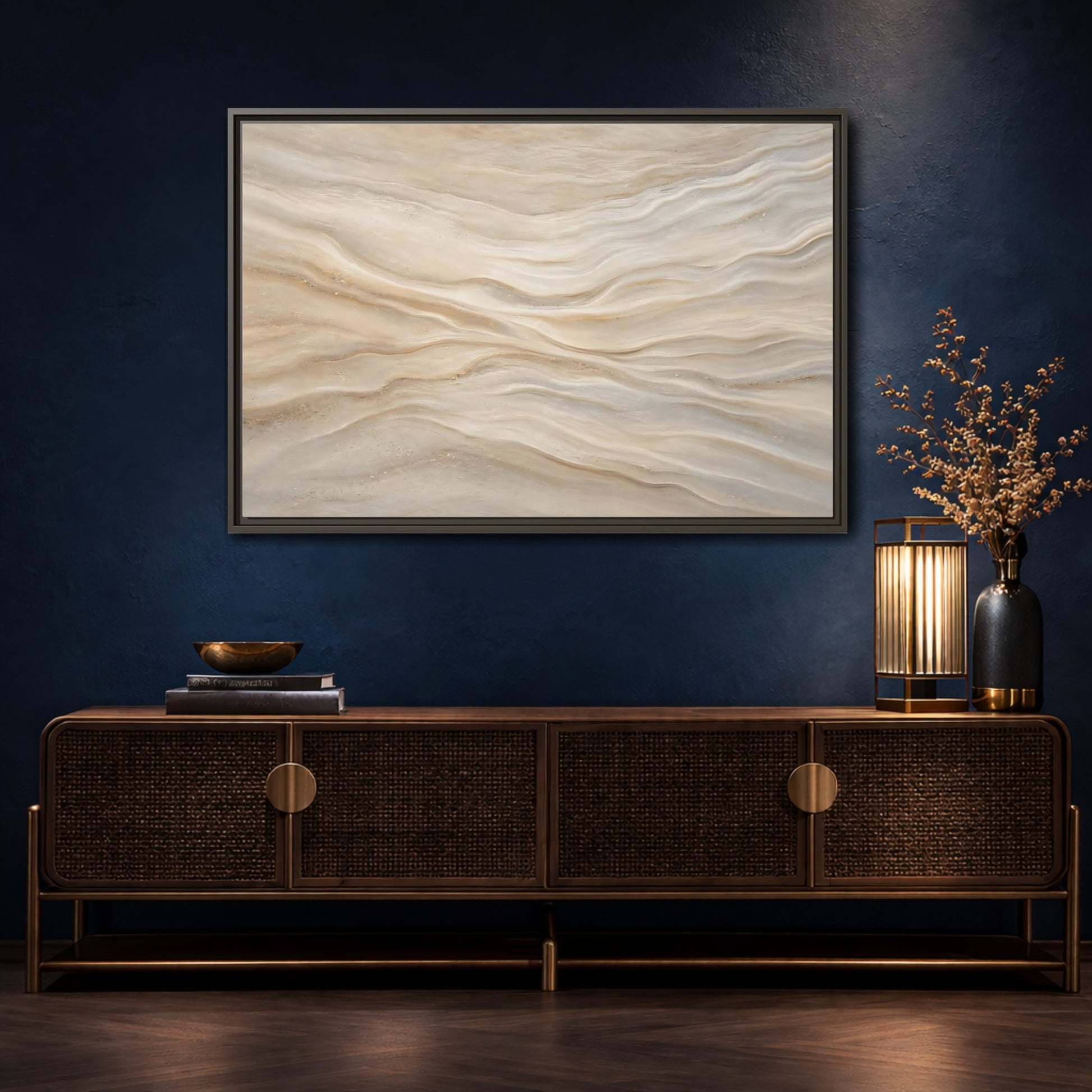 Mockup 4. Nature Sand Waves Beige Sand Waves shown as stretched canvas wall art