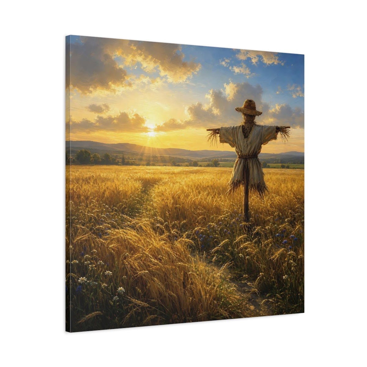 Main Mockup. Nature Scarecrow Golden Wheat Field shown as stretched canvas wall art