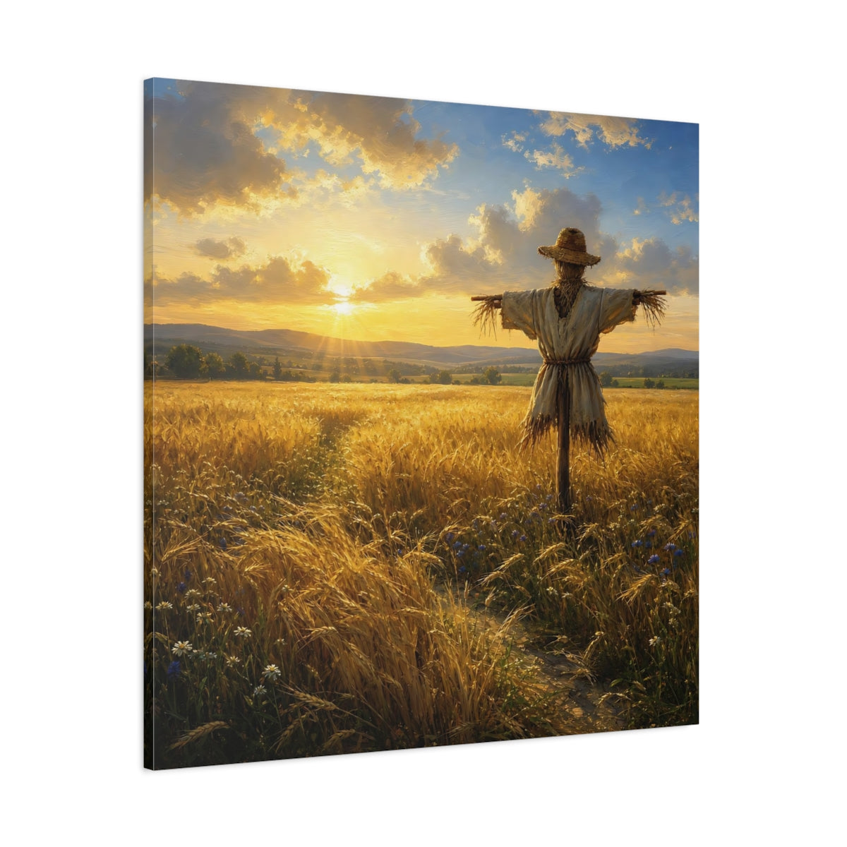 Side Mockup 1. Nature Scarecrow Golden Wheat Field shown as stretched canvas wall art