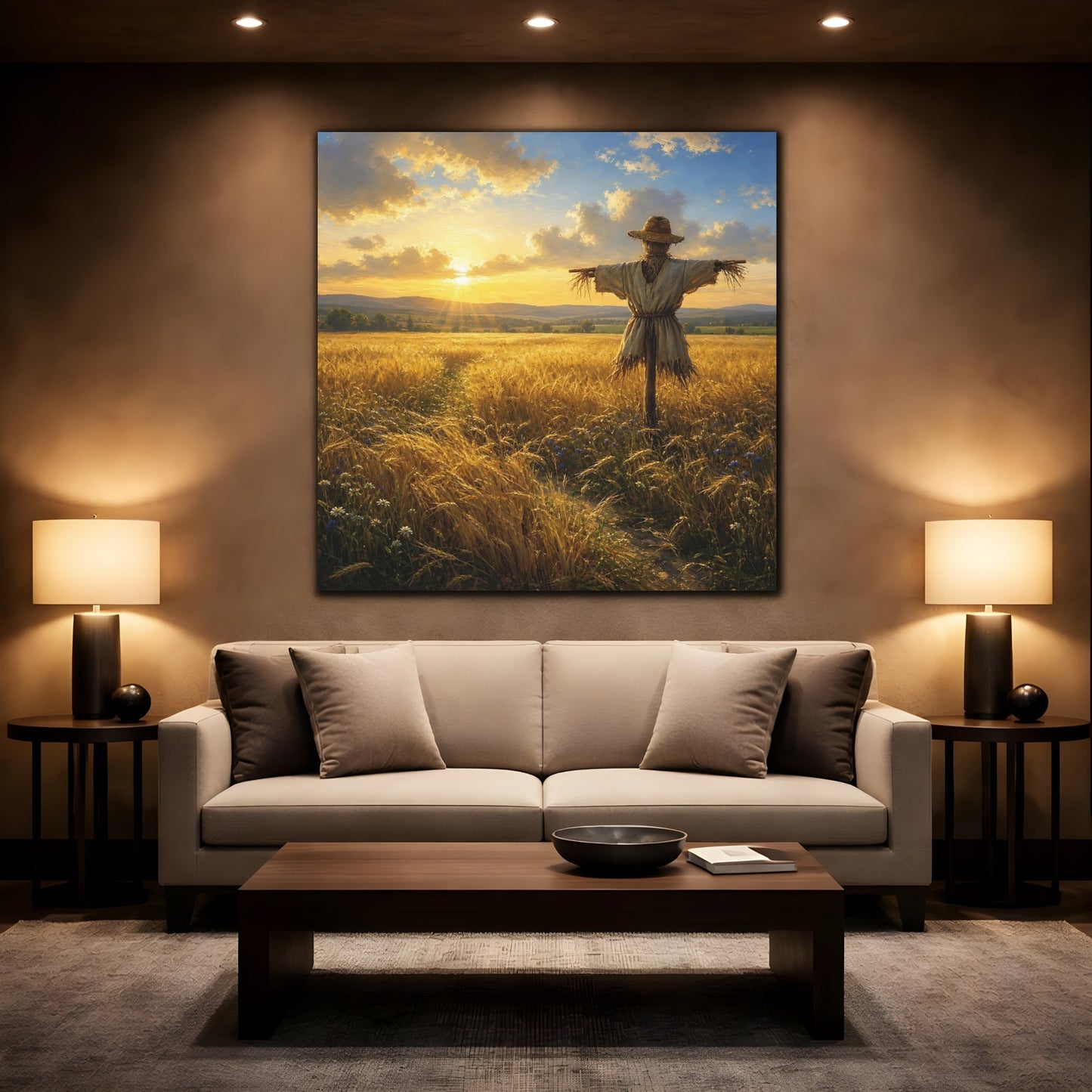 Mockup 2. Nature Scarecrow Golden Wheat Field shown as stretched canvas wall art