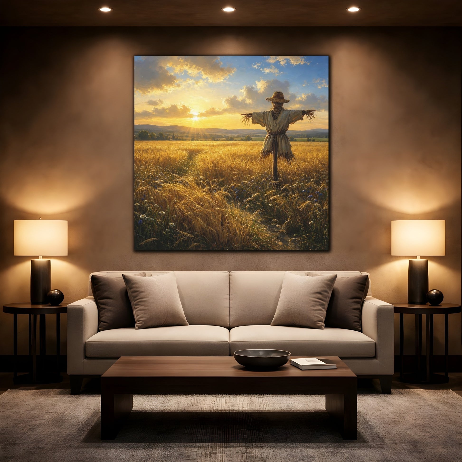 Mockup 2. Nature Scarecrow Golden Wheat Field shown as stretched canvas wall art