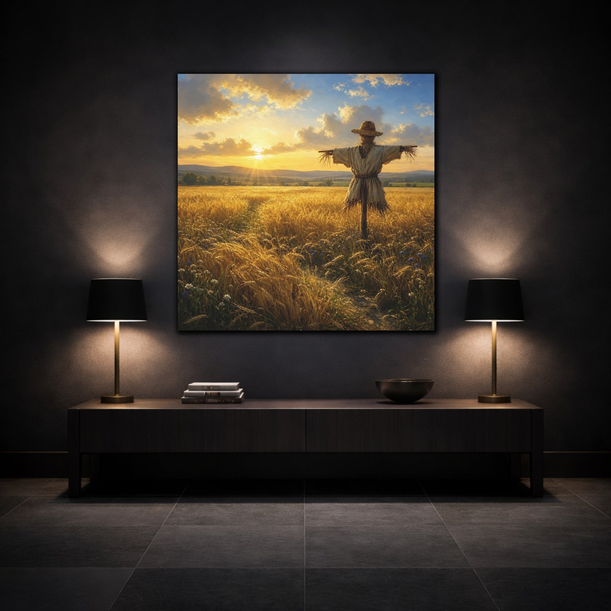 Mockup 3. Nature Scarecrow Golden Wheat Field shown as stretched canvas wall art