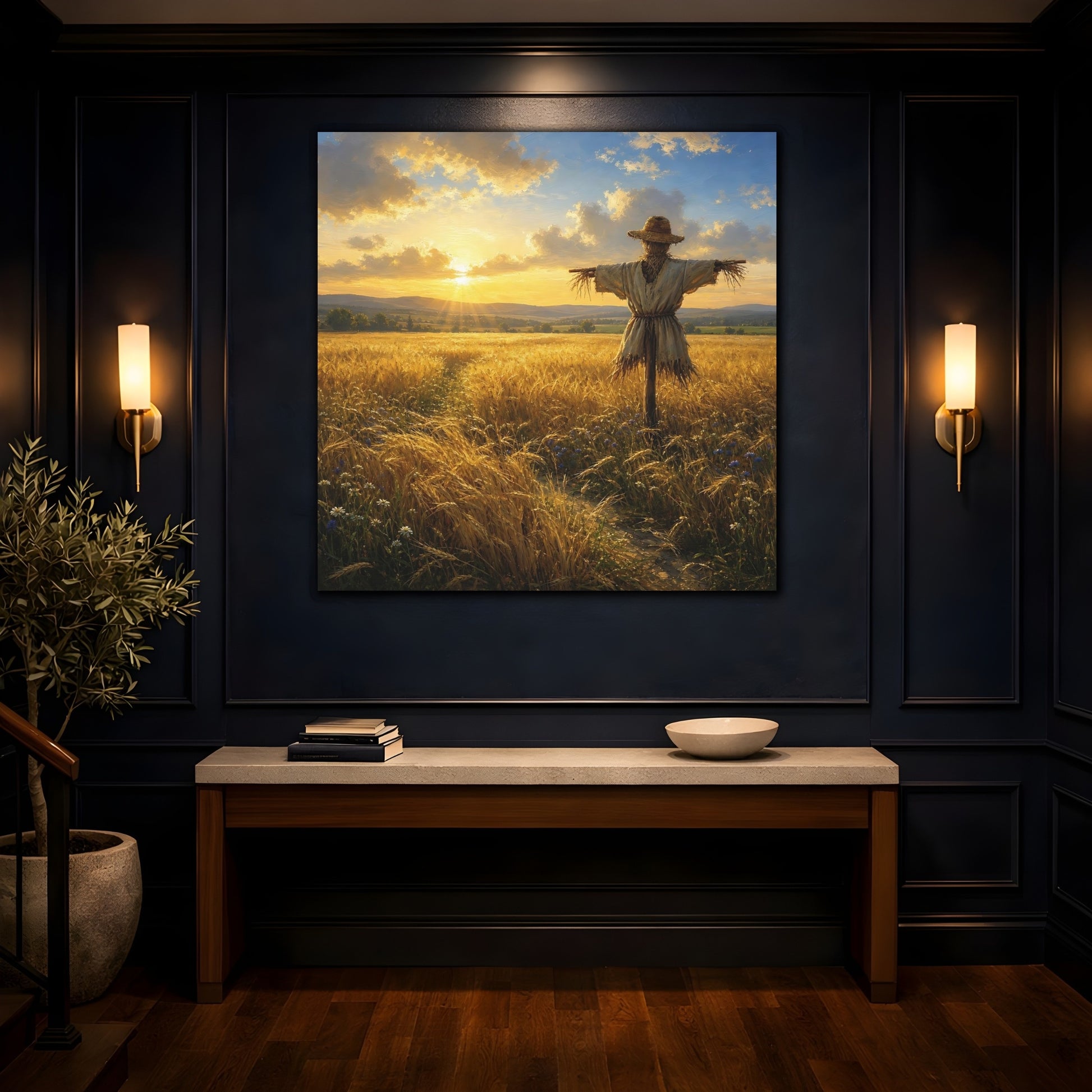 Mockup 4. Nature Scarecrow Golden Wheat Field shown as stretched canvas wall art