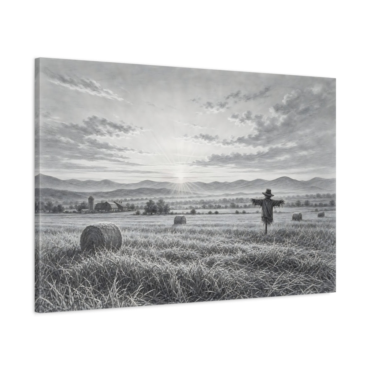 Main Mockup. Nature Scarecrow Monochrome Landscape shown as stretched canvas wall art