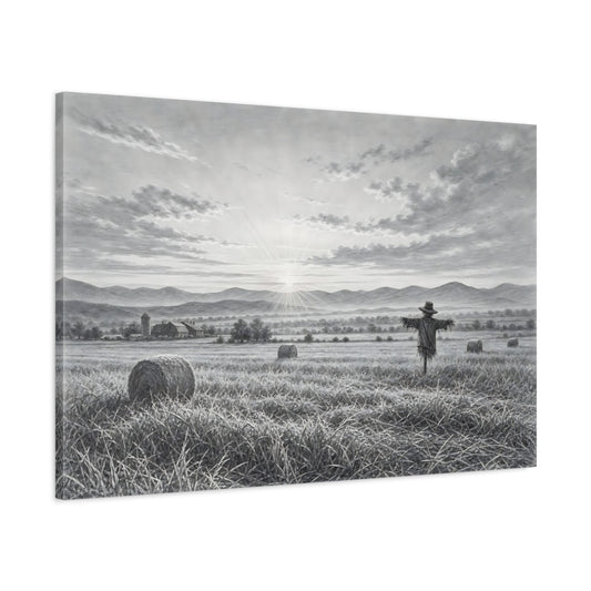 Main Mockup. Nature Scarecrow Monochrome Landscape shown as stretched canvas wall art