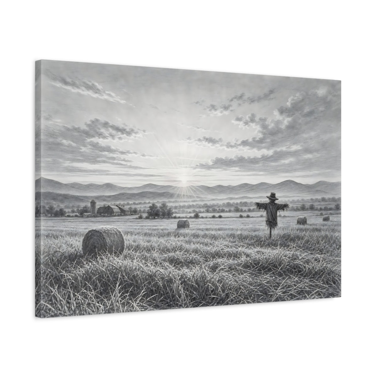 Side Mockup 2. Nature Scarecrow Monochrome Landscape shown as stretched canvas wall art