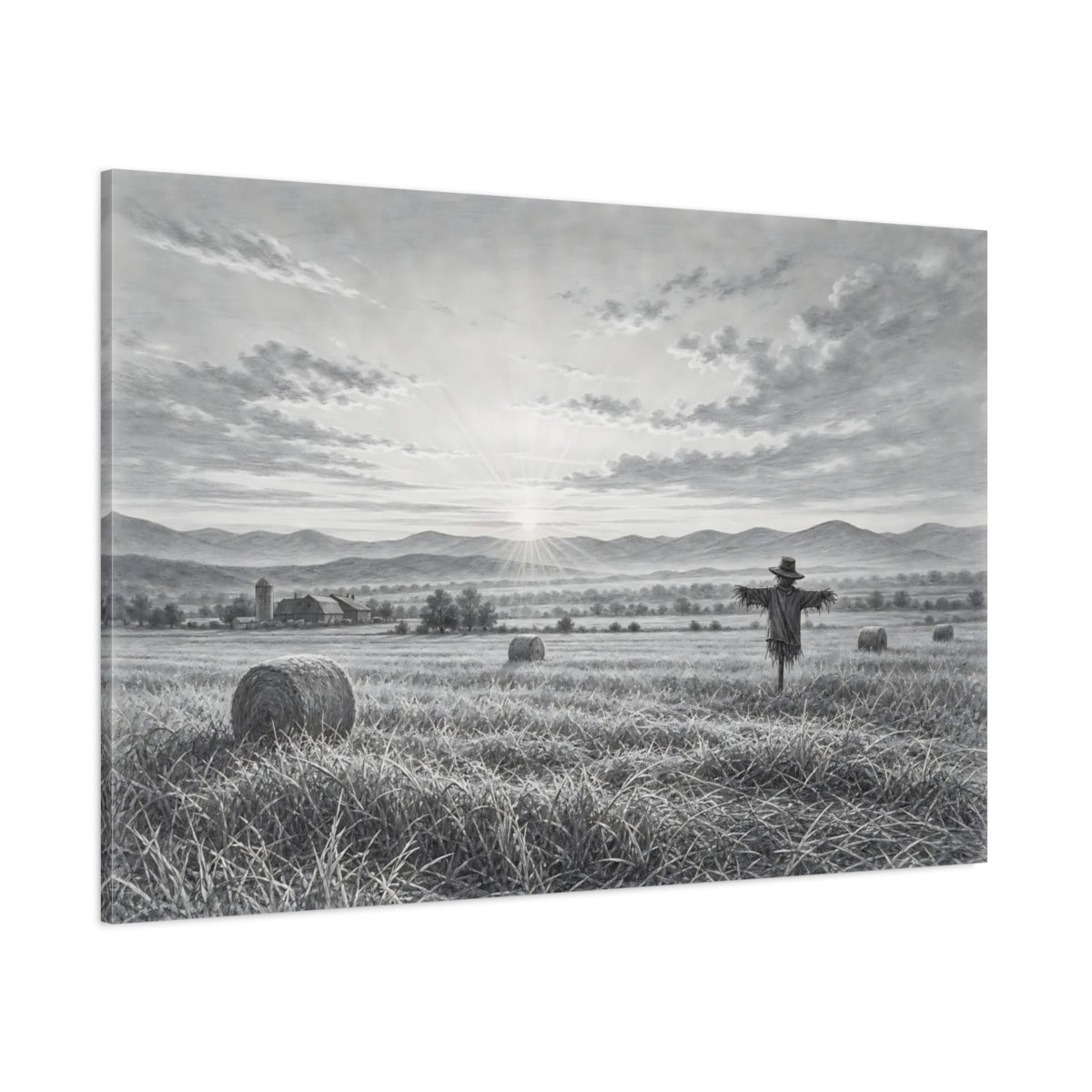 Side Mockup 1. Nature Scarecrow Monochrome Landscape shown as stretched canvas wall art
