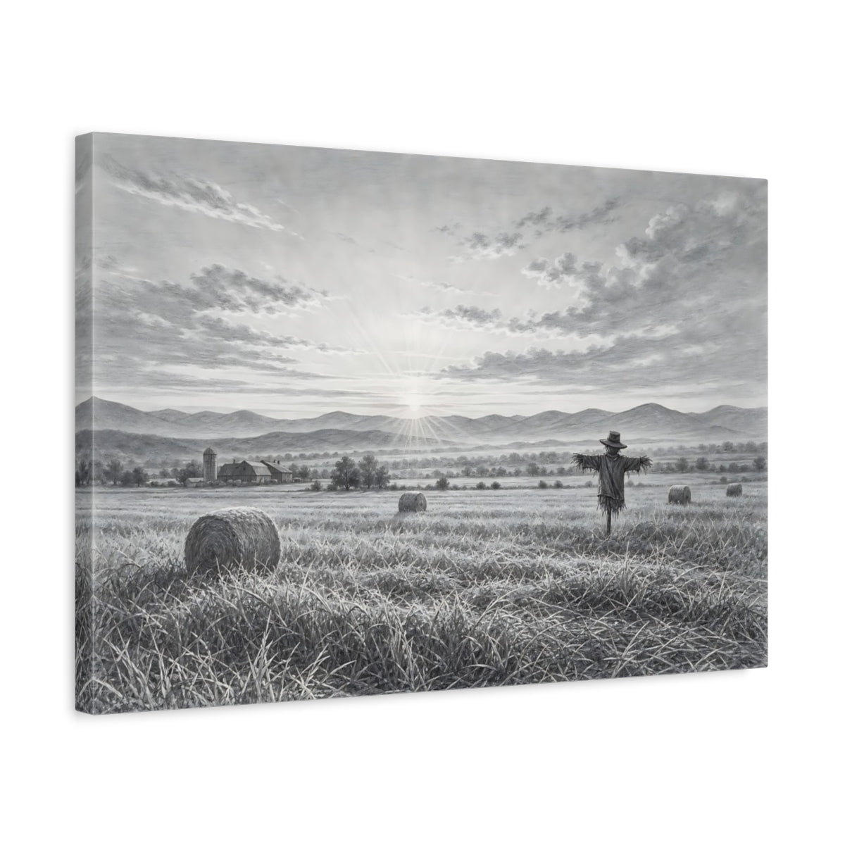 Side Mockup 3. Nature Scarecrow Monochrome Landscape shown as stretched canvas wall art