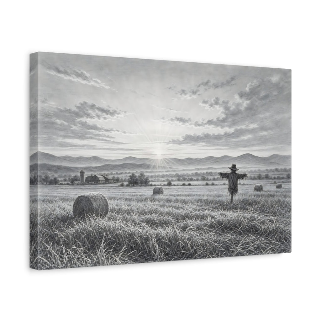 Side Mockup 4. Nature Scarecrow Monochrome Landscape shown as stretched canvas wall art