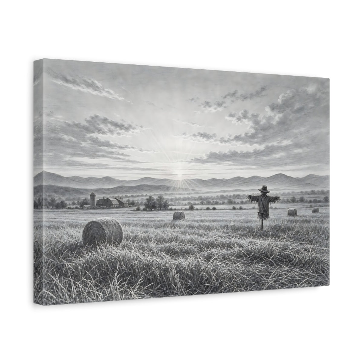 Side Mockup 4. Nature Scarecrow Monochrome Landscape shown as stretched canvas wall art