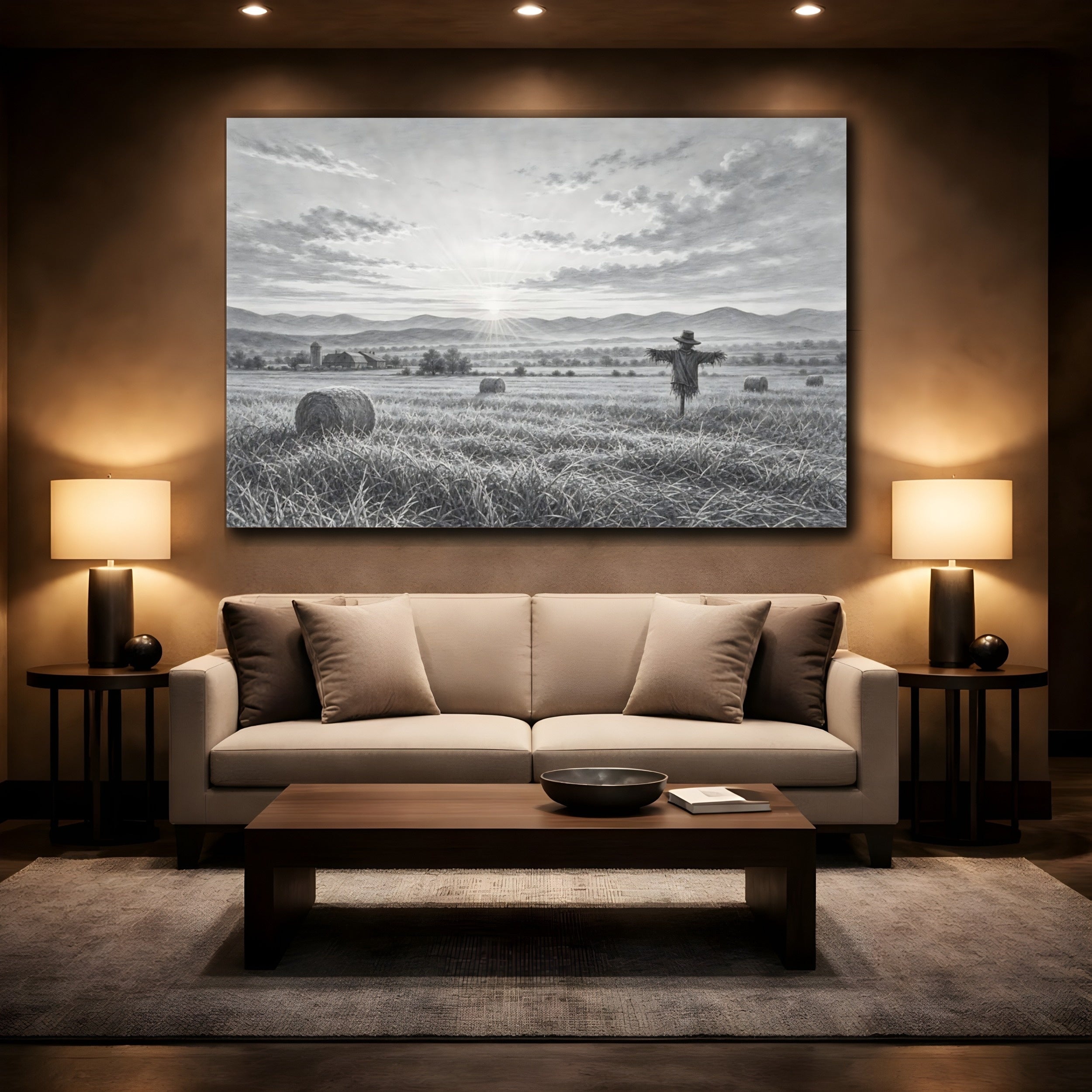 Mockup 2. Nature Scarecrow Monochrome Landscape shown as stretched canvas wall art