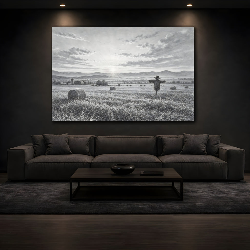 Mockup 3. Nature Scarecrow Monochrome Landscape shown as stretched canvas wall art