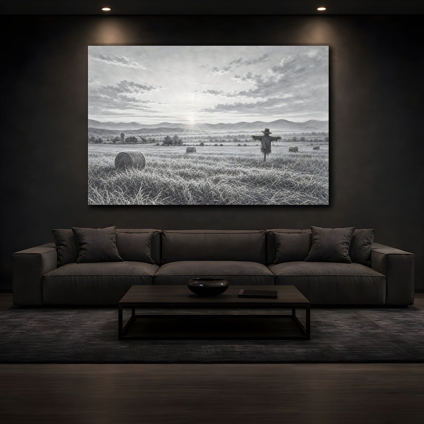 Mockup 3. Nature Scarecrow Monochrome Landscape shown as stretched canvas wall art