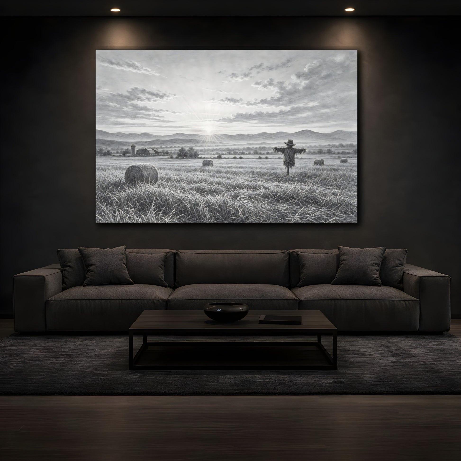 Mockup 3. Nature Scarecrow Monochrome Landscape shown as stretched canvas wall art