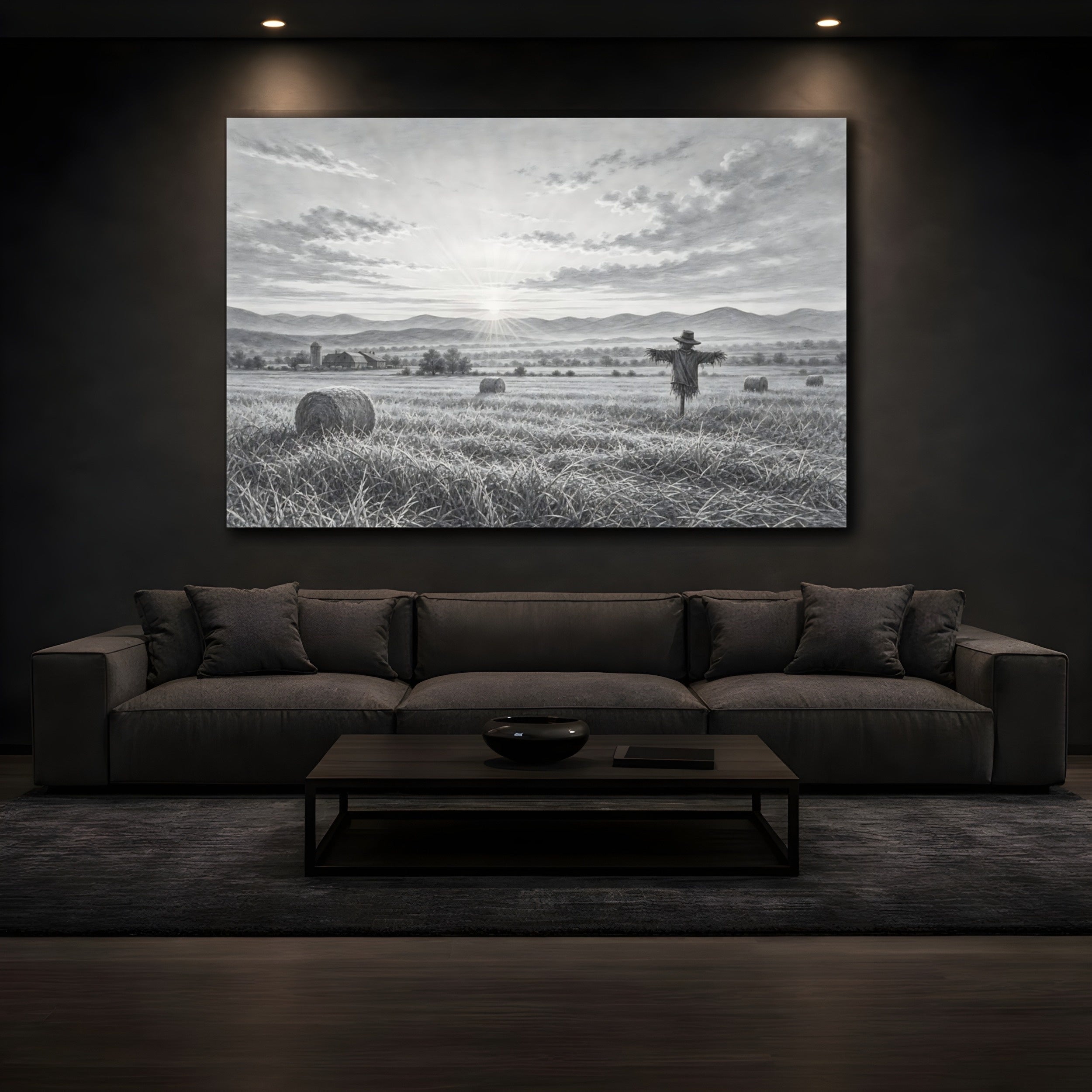 Mockup 3. Nature Scarecrow Monochrome Landscape shown as stretched canvas wall art