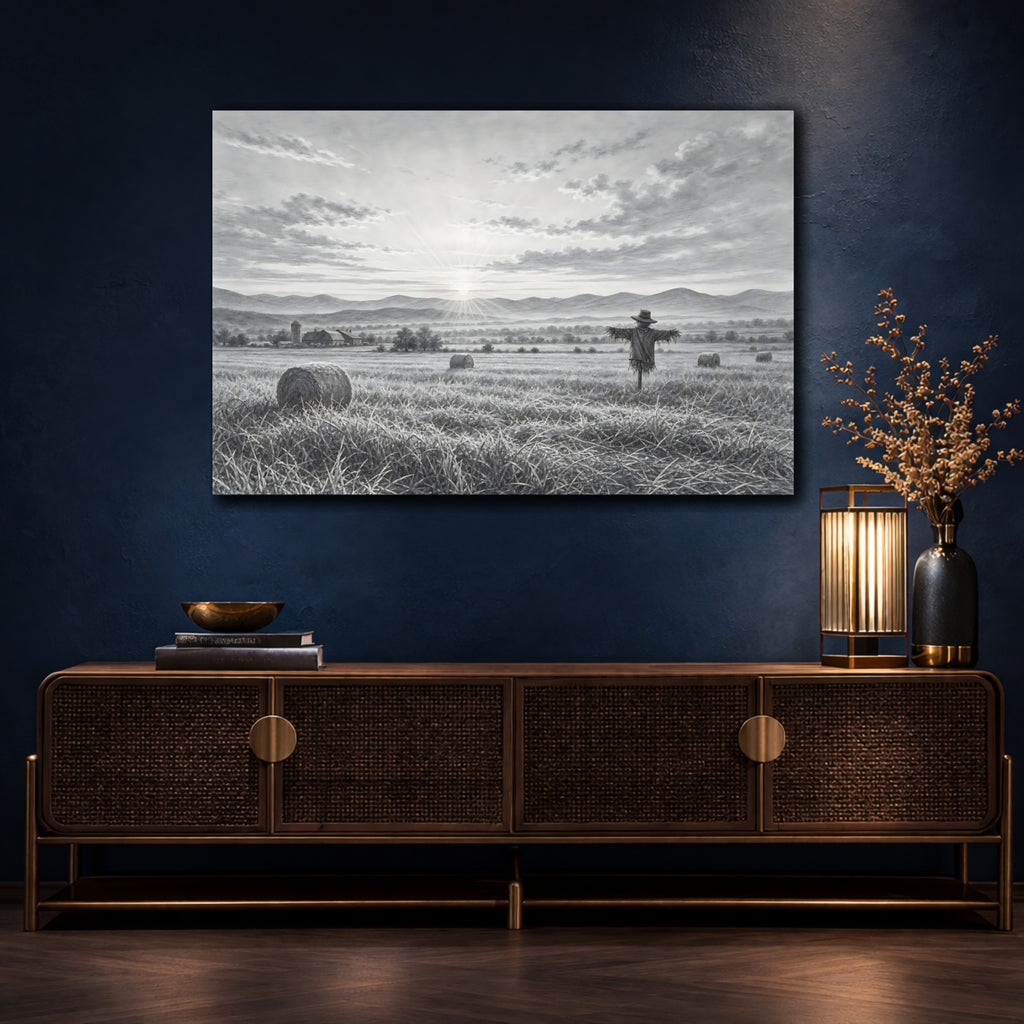 Mockup 4. Nature Scarecrow Monochrome Landscape shown as stretched canvas wall art