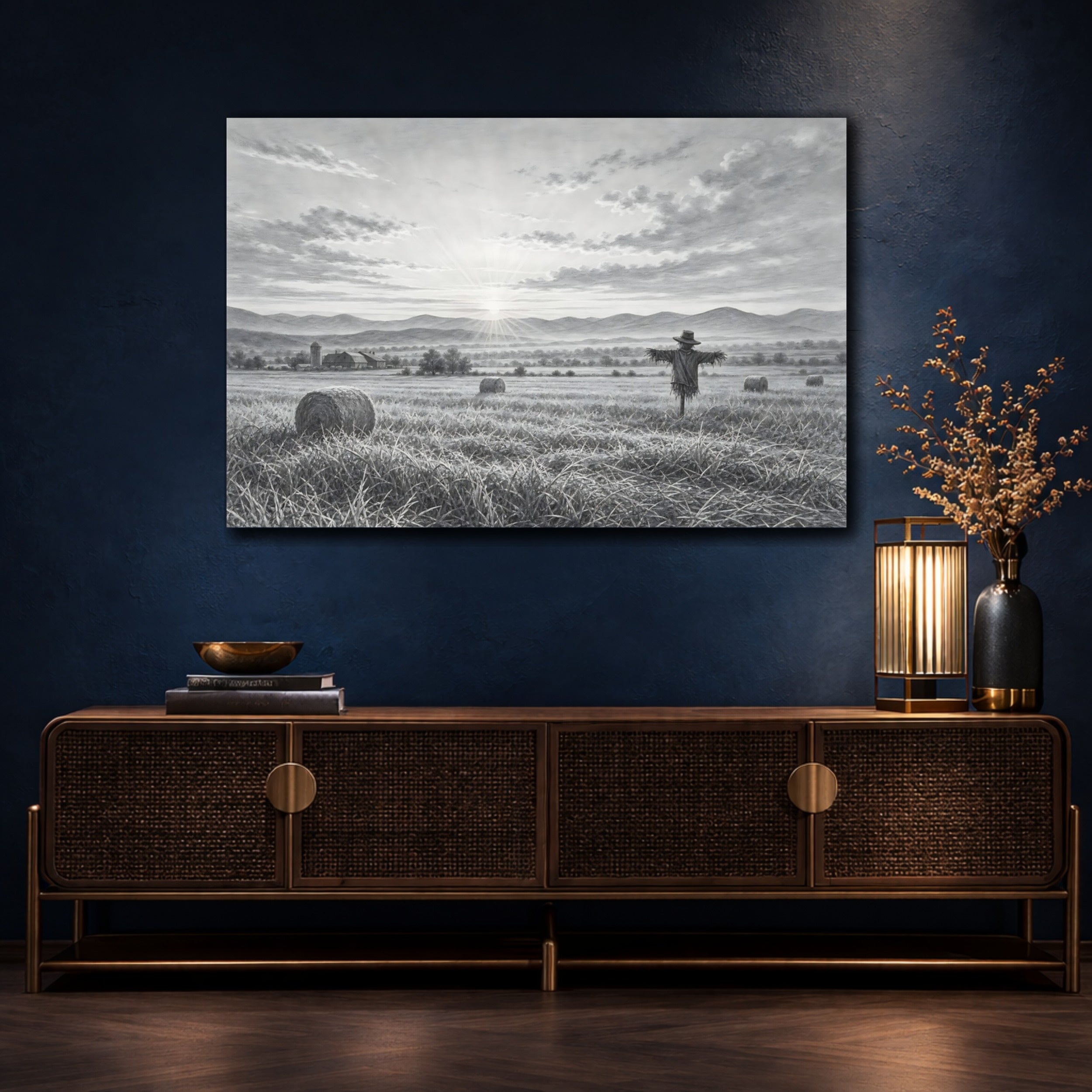 Mockup 4. Nature Scarecrow Monochrome Landscape shown as stretched canvas wall art