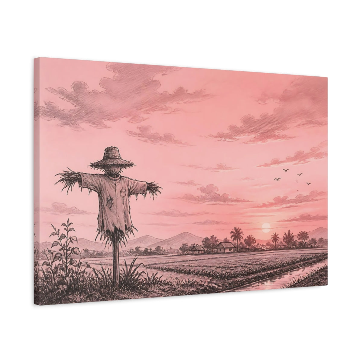 Side Mockup 2. Nature Scarecrow Pink And Black shown as stretched canvas wall art