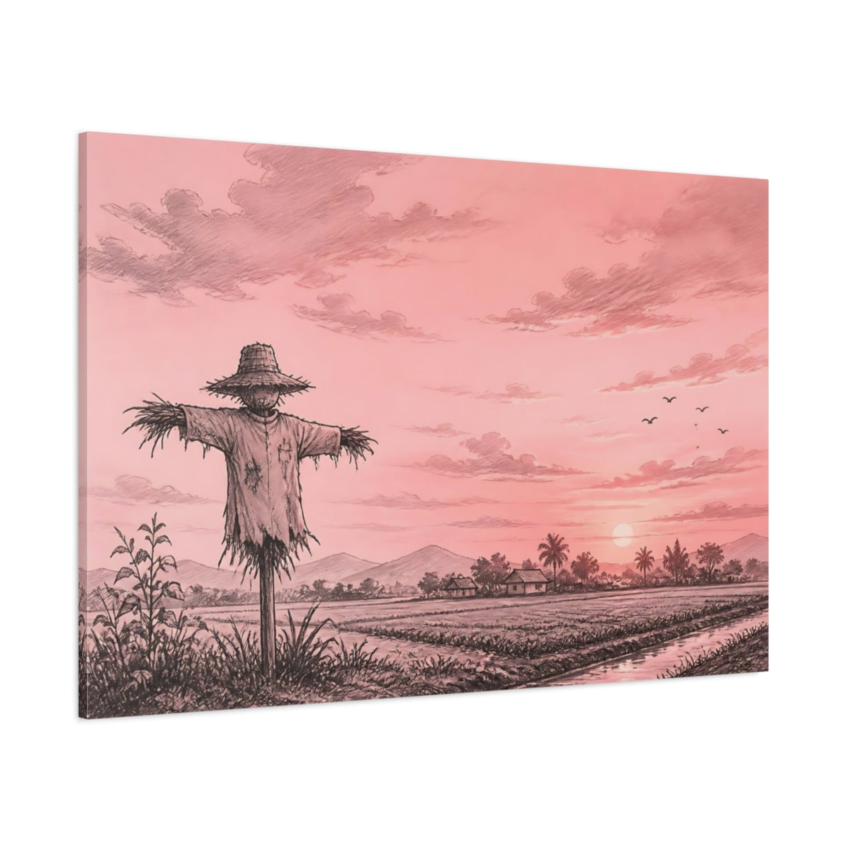 Side Mockup 1. Nature Scarecrow Pink And Black shown as stretched canvas wall art