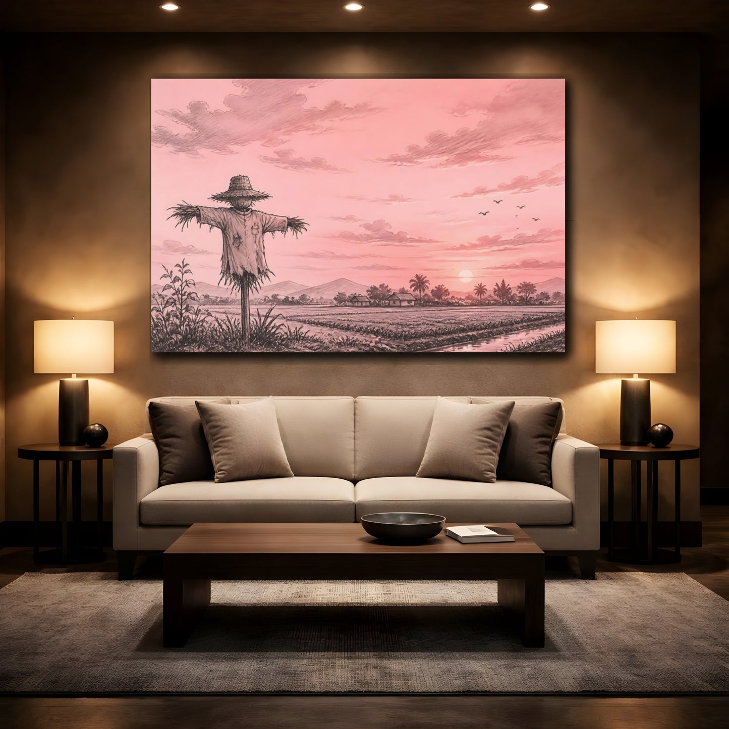 Mockup 2. Nature Scarecrow Pink And Black shown as stretched canvas wall art