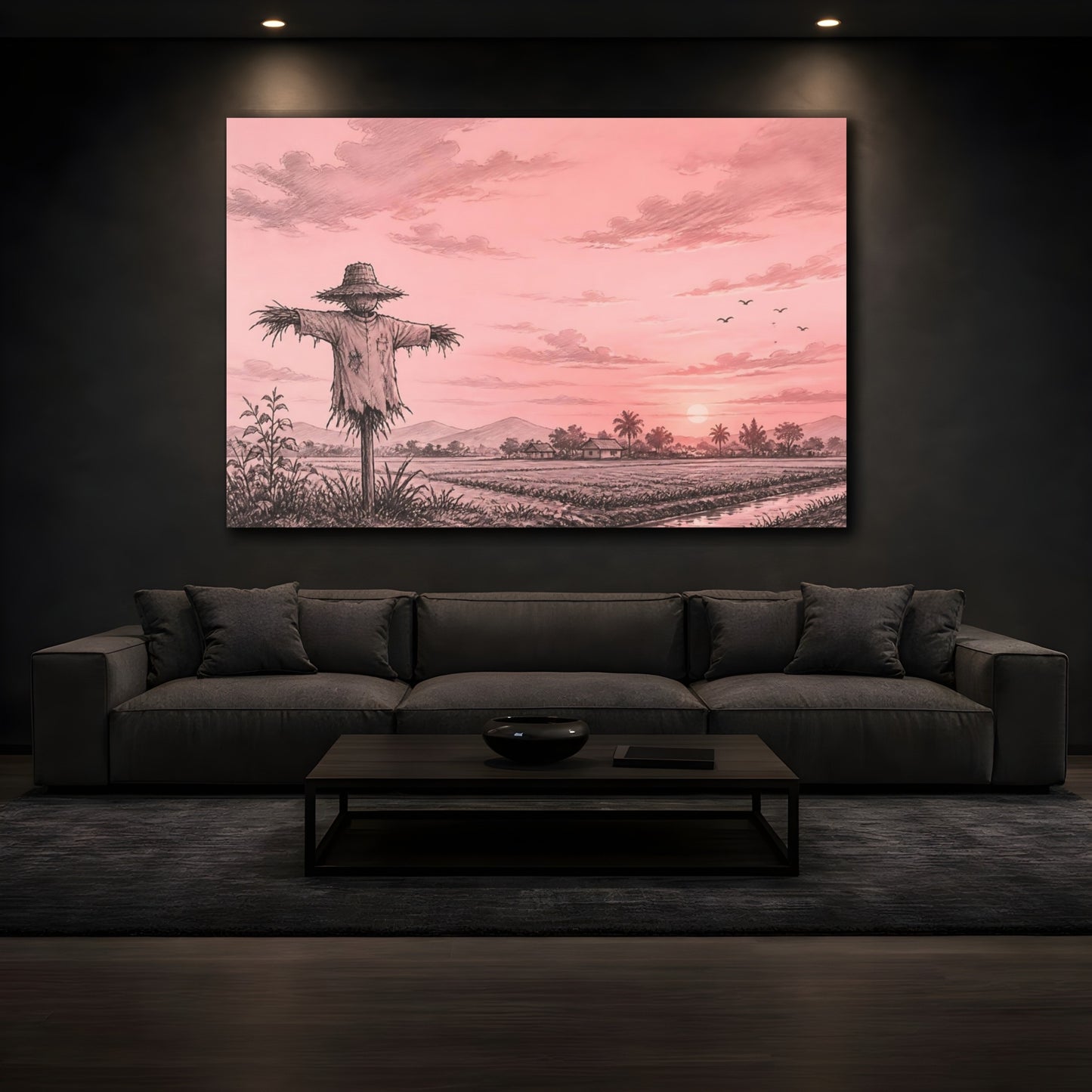 Mockup 3. Nature Scarecrow Pink And Black shown as stretched canvas wall art