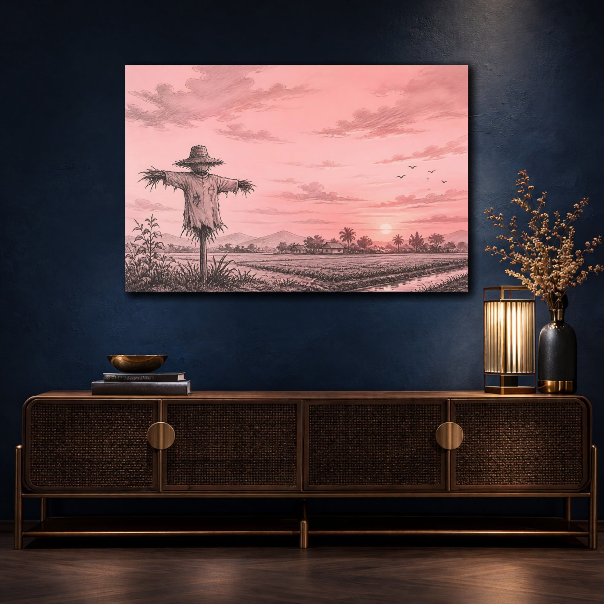 Mockup 4. Nature Scarecrow Pink And Black shown as stretched canvas wall art