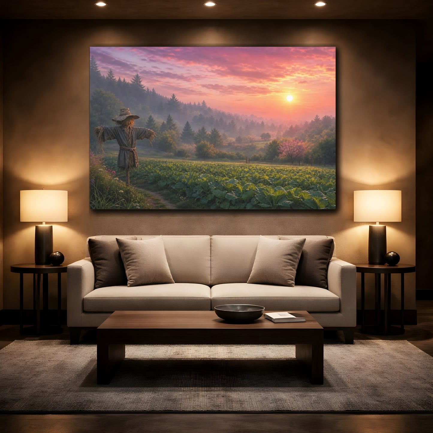 Mockup 2. Nature Scarecrow Scarecrow Sunset Field shown as stretched canvas wall art