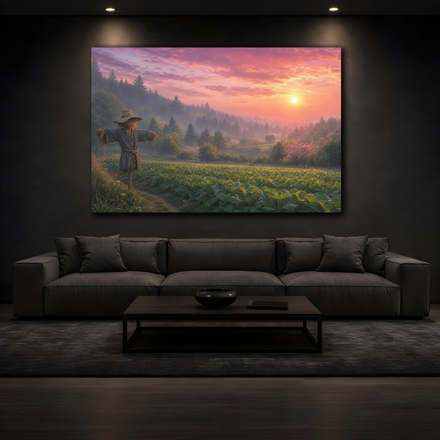 Mockup 3. Nature Scarecrow Scarecrow Sunset Field shown as stretched canvas wall art