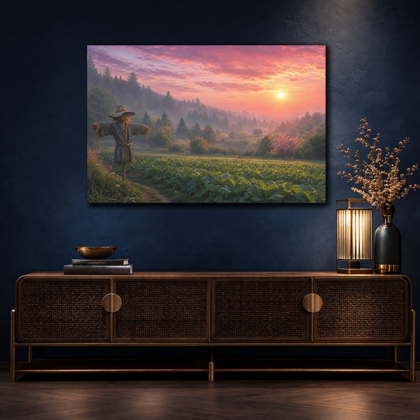 Mockup 4. Nature Scarecrow Scarecrow Sunset Field shown as stretched canvas wall art