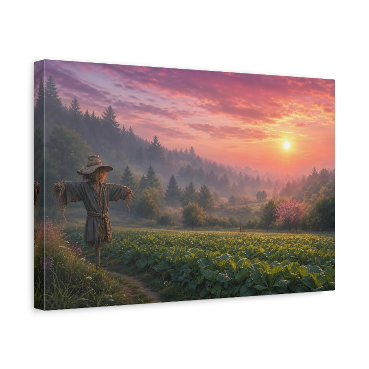 Side Mockup 4. Nature Scarecrow Scarecrow Sunset Field shown as stretched canvas wall art