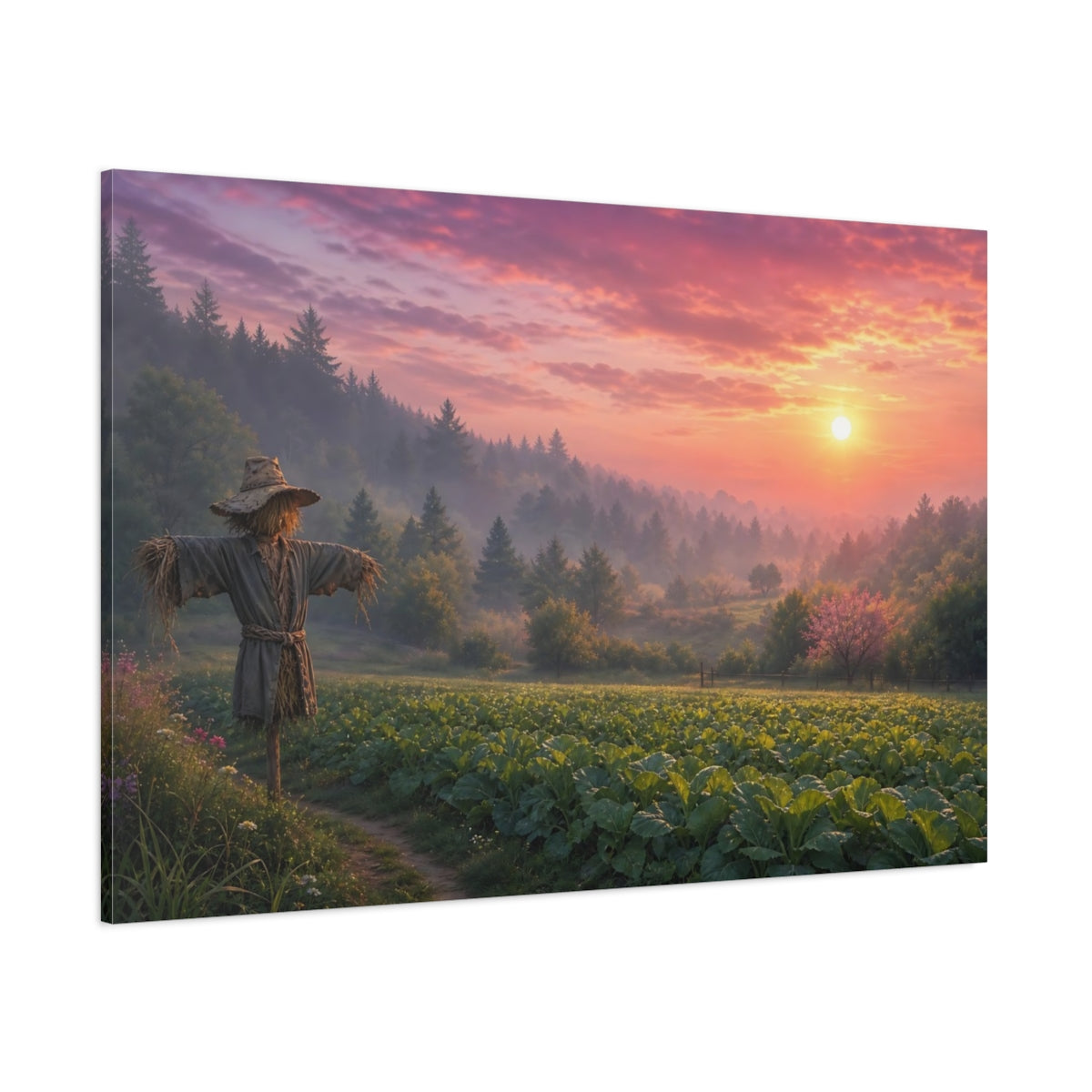 Side Mockup 1. Nature Scarecrow Scarecrow Sunset Field shown as stretched canvas wall art