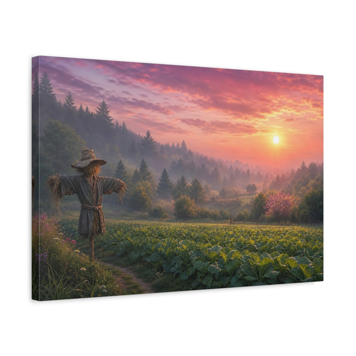 Side Mockup 3. Nature Scarecrow Scarecrow Sunset Field shown as stretched canvas wall art