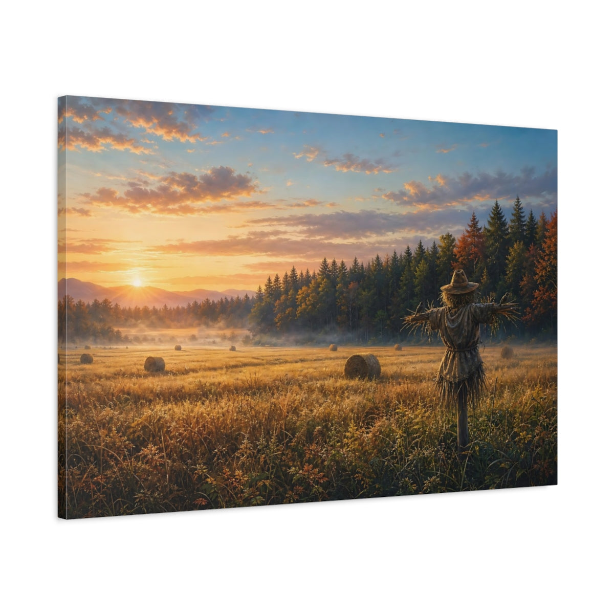 Main Mockup. Nature Scarecrow Warm Farm Field shown as stretched canvas wall art