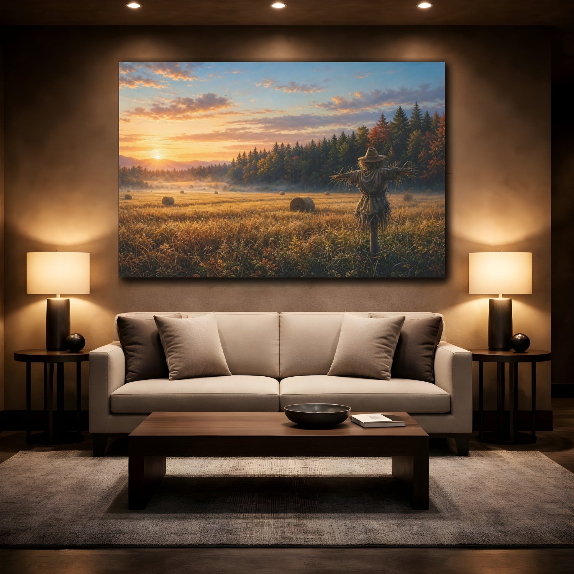 Mockup 2. Nature Scarecrow Warm Farm Field shown as stretched canvas wall art