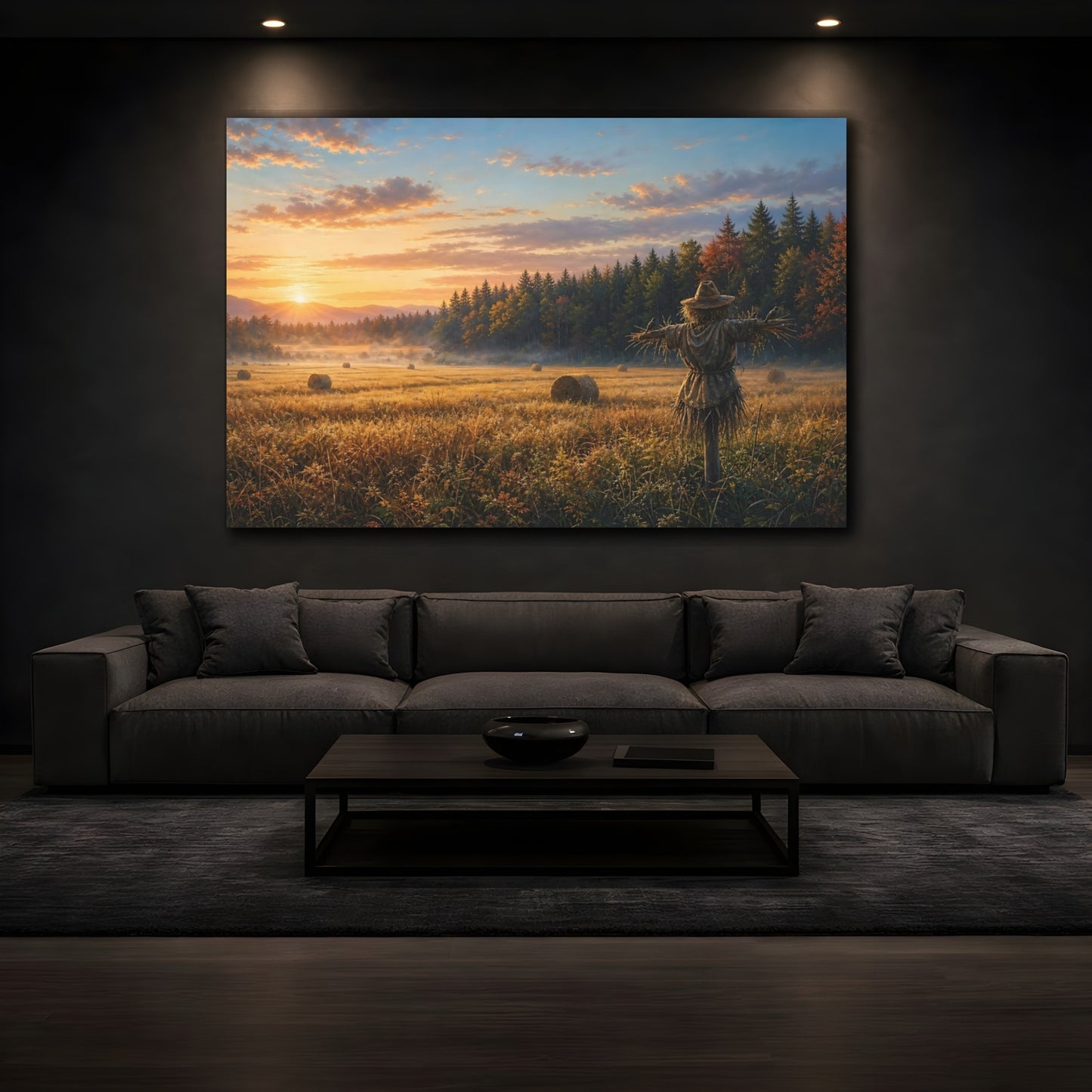 Mockup 3. Nature Scarecrow Warm Farm Field shown as stretched canvas wall art