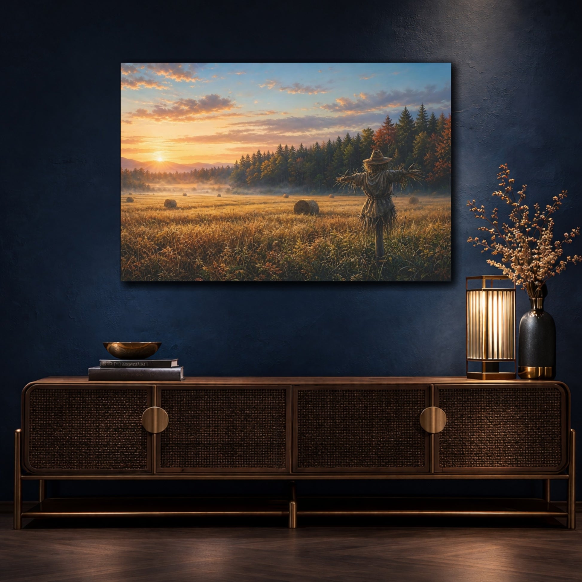 Mockup 4. Nature Scarecrow Warm Farm Field shown as stretched canvas wall art