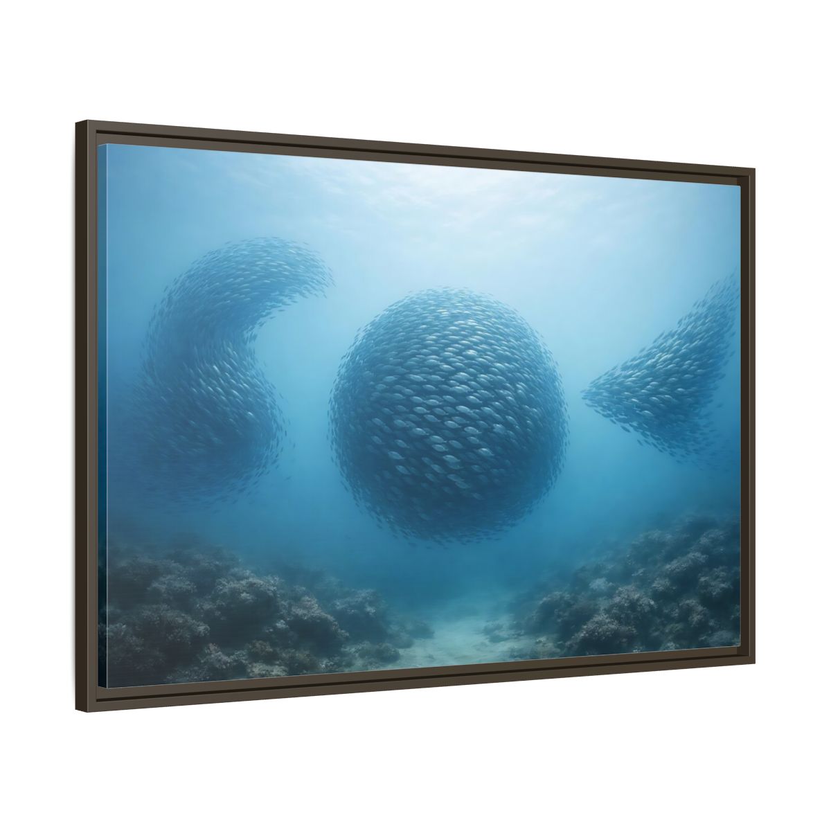 Main Mockup. Nature School Of Fish Blue Underwater shown as stretched canvas wall art