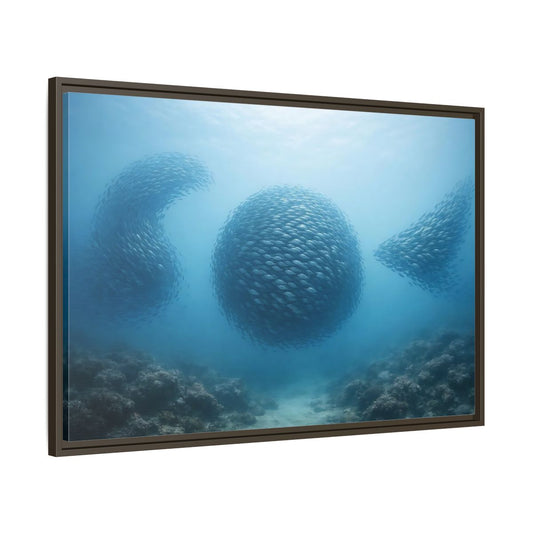 Main Mockup. Nature School Of Fish Blue Underwater shown as stretched canvas wall art