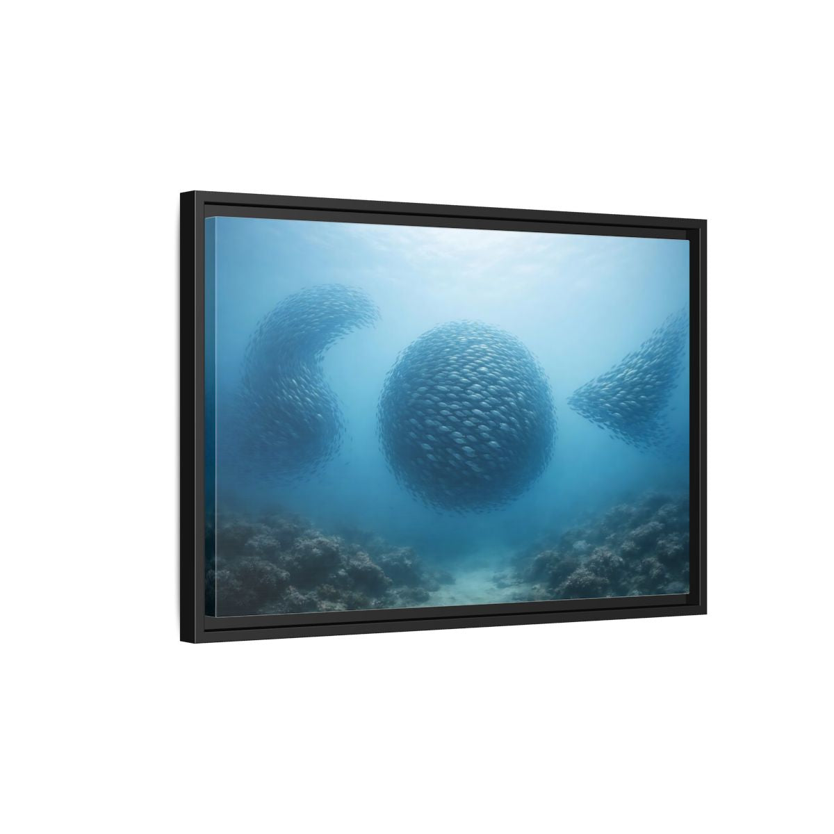 Side Mockup 3. Nature School Of Fish Blue Underwater shown as stretched canvas wall art