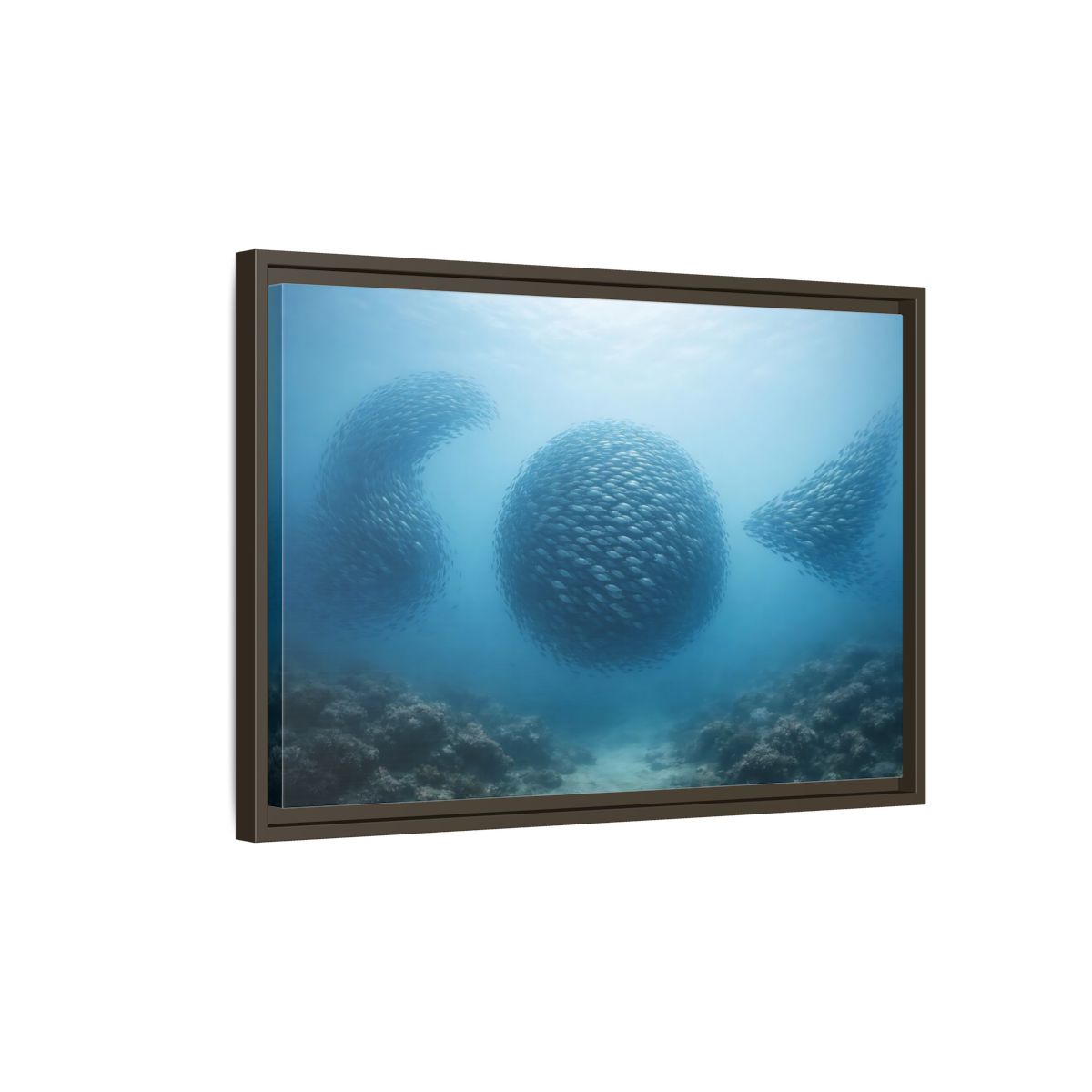 Side Mockup 2. Nature School Of Fish Blue Underwater shown as stretched canvas wall art