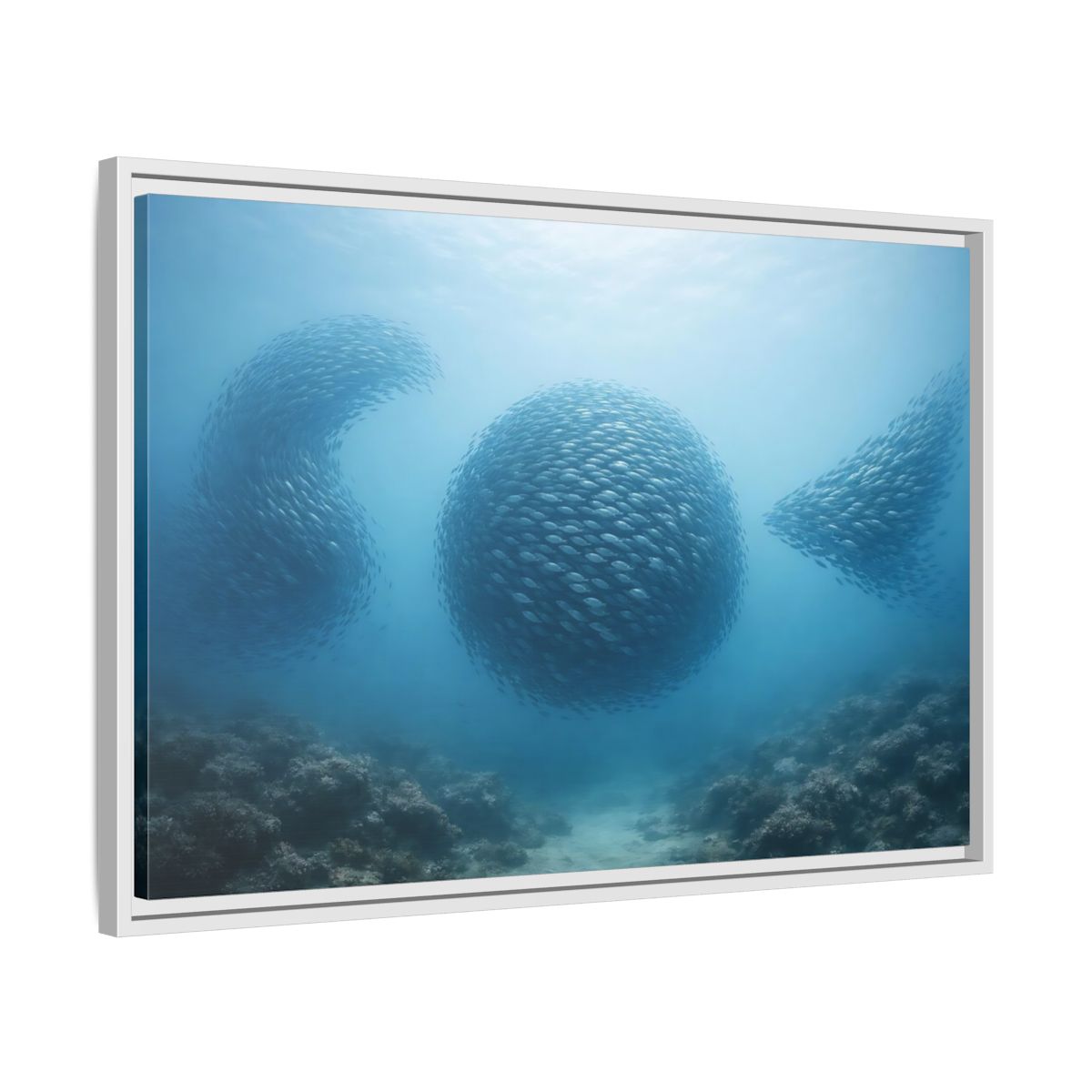 Side Mockup 10. Nature School Of Fish Blue Underwater shown as stretched canvas wall art
