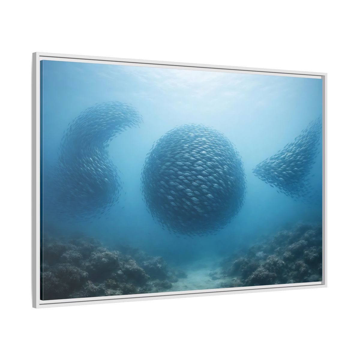 Side Mockup 7. Nature School Of Fish Blue Underwater shown as stretched canvas wall art
